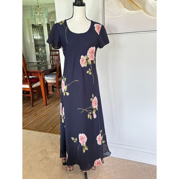 Jessica Howard Dresses & Skirts - Vintage Jessica Howard Navy Pink Rose Floral Maxi Dress Size 6 Layered Hem